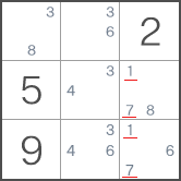 Пример скрытых пар Судоку в секторе 3×3