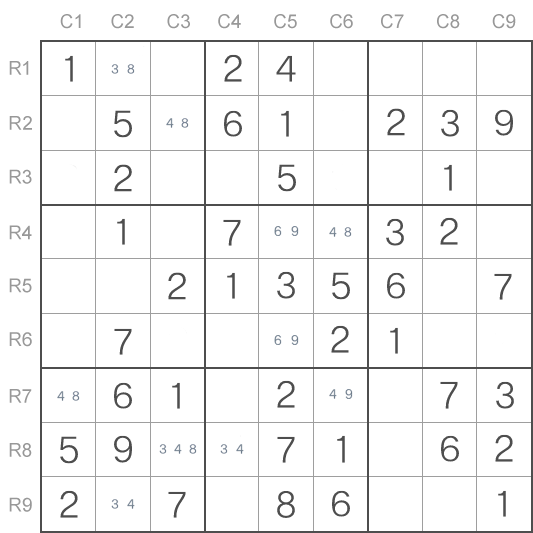 Пример головоломки Судоку, для решения которой требуется Y-крыло