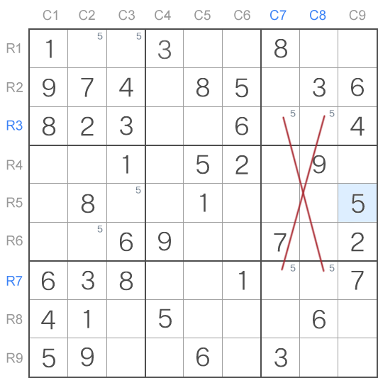 Un ejemplo de solución utilizando la técnica de Sudoku X-Wing